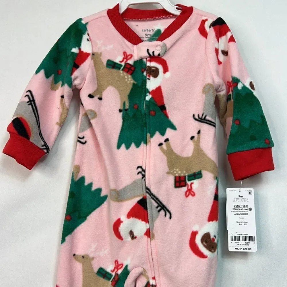 Carter’s Pink Brown Santa Sleep and Play fleece 9 months NWT